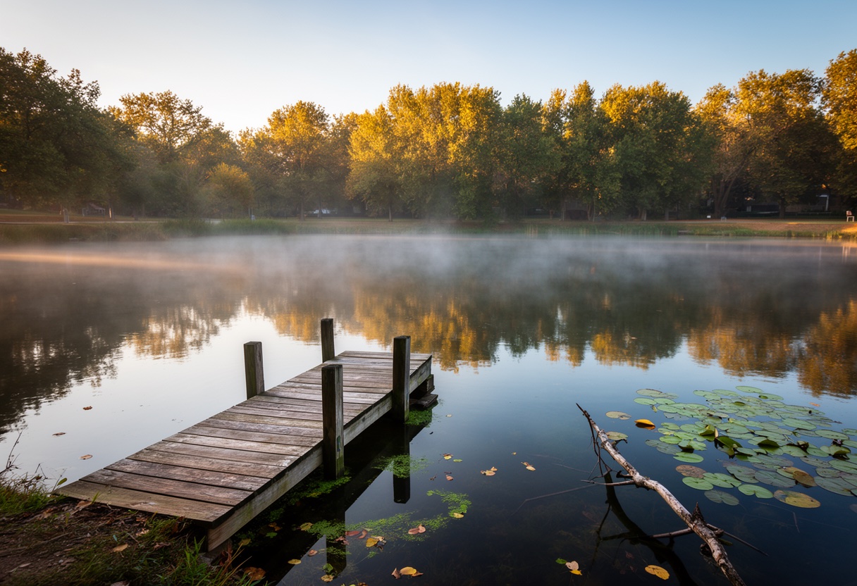 Scenic public fishing pond at early morning with mist