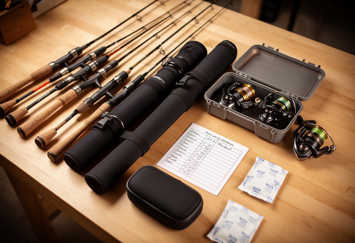 Organized fishing gear including rods in sleeves, a tackle box, reel cases, and a printed maintenance checklist on a workbench.