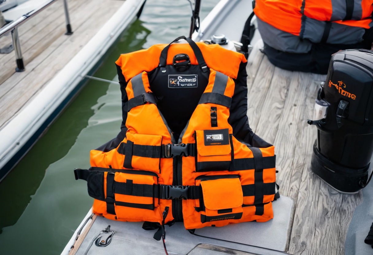 Modern orange and black fishing life jacket sitting on a boat seat