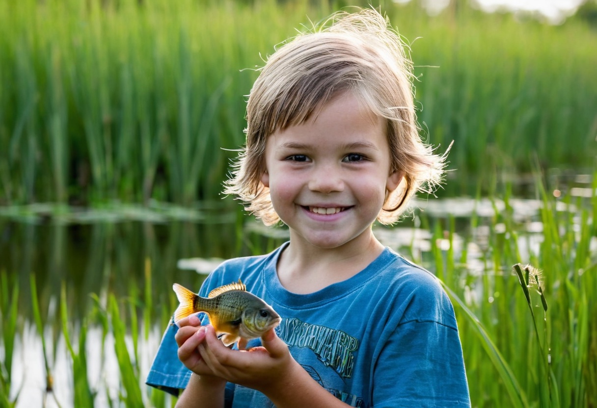 Young child smiling broadly while holding a freshly caught bluegill with both hands