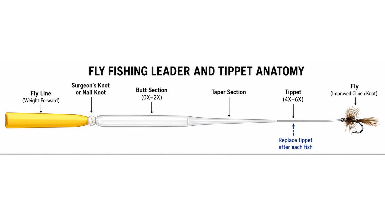 Diagram showing the tapered sections of a fly fishing leader from fly line to fly
