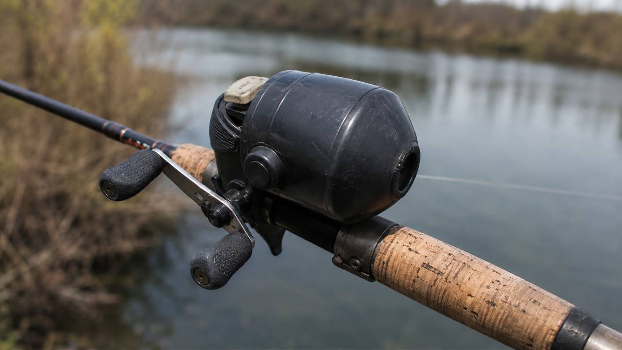 Close-up of a spincast reel showing the enclosed nose cone and thumb push-button