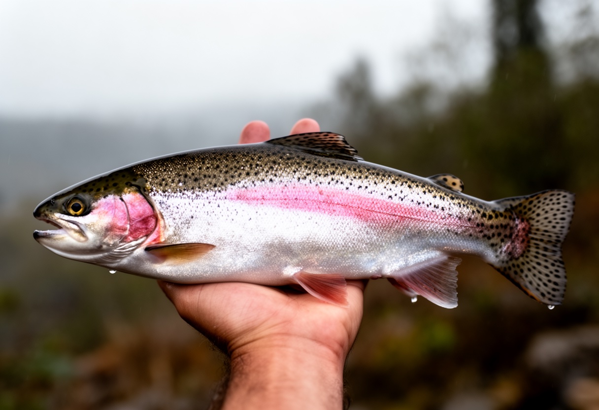 A rainbow trout showing the pink lateral band and black spots on the tail fin