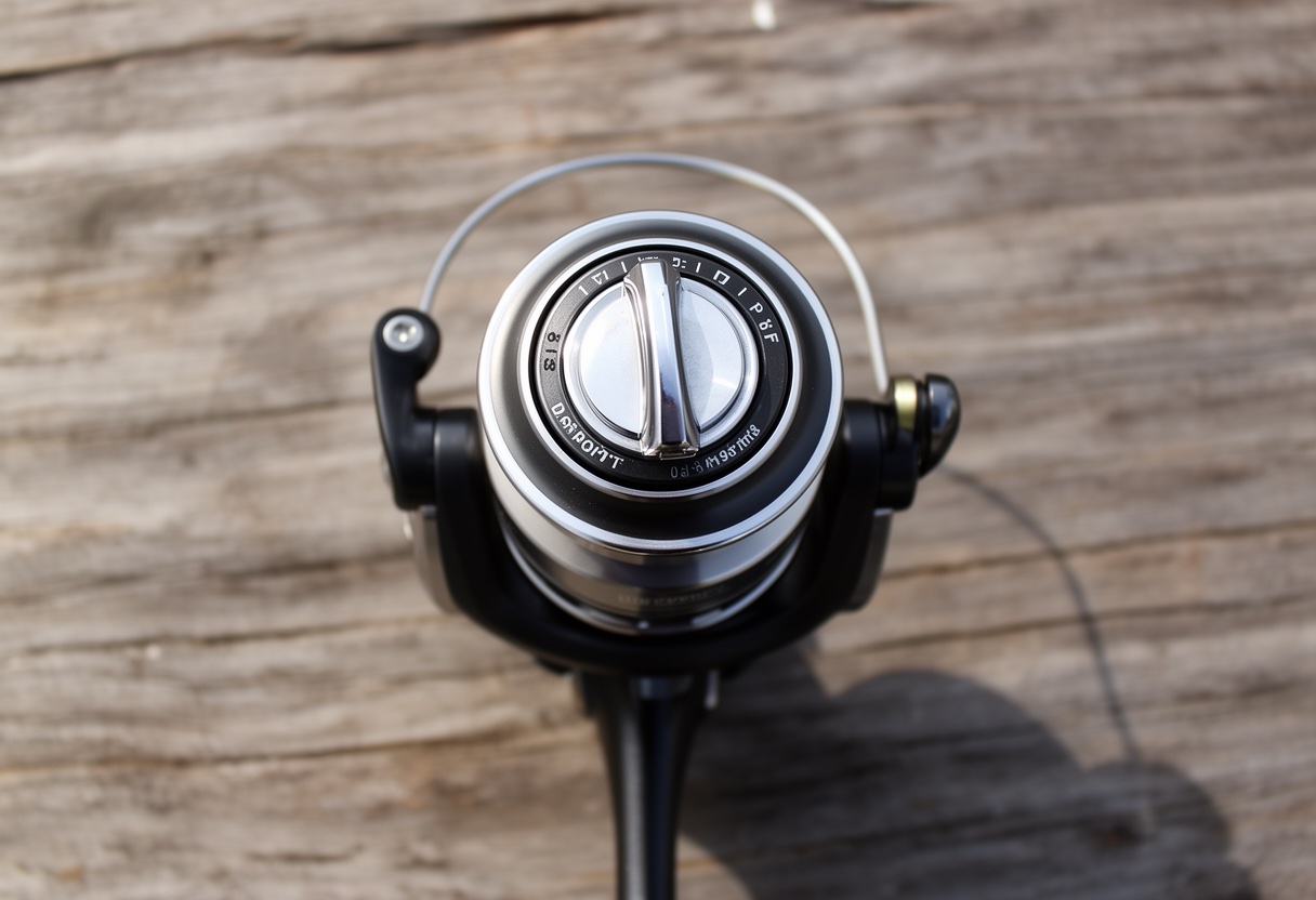 Overhead view of a spinning fishing reel on a wooden surface showing the drag adjustment knob