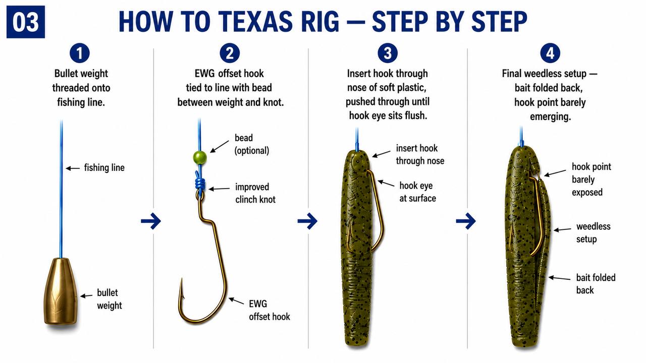 Step-by-step diagram showing how to Texas rig a soft plastic bait