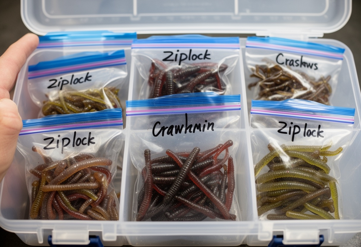 Soft plastic fishing baits sorted by type in clear plastic bags and trays