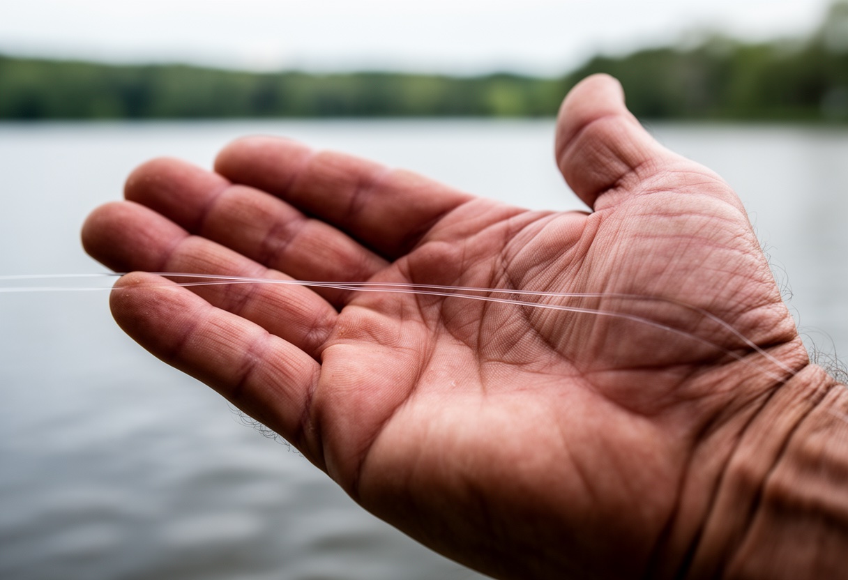 Nearly invisible fluorocarbon leader line held across an open palm