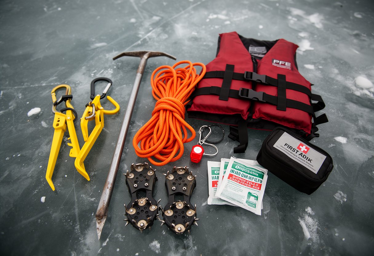 Ice fishing safety equipment including ice picks, spud bar, whistle, life vest, and hand warmers arranged on frozen lake surface