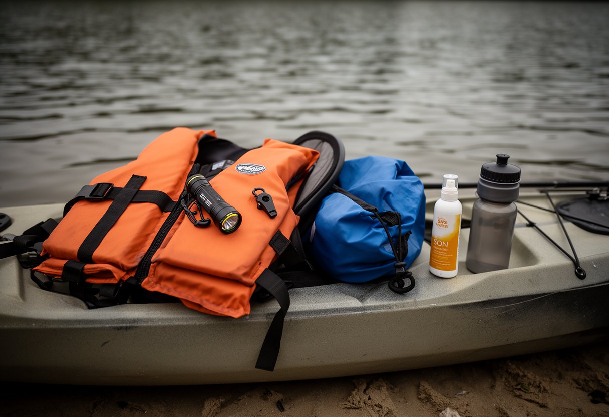 Safety gear laid out on a kayak deck including PFD, dry bag, flashlight