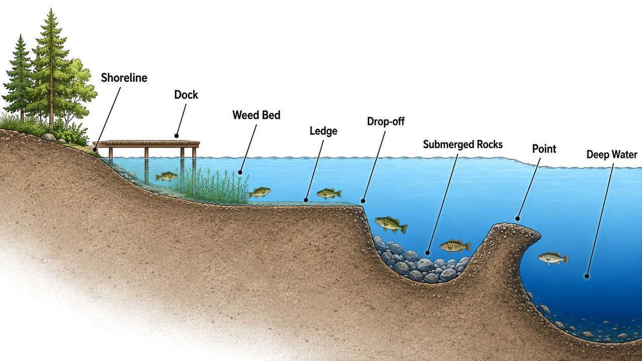 Cross-section diagram of a lake shoreline showing underwater structure features where fish hold, including drop-offs, ledges, weed beds, docks, and submerged rocks
