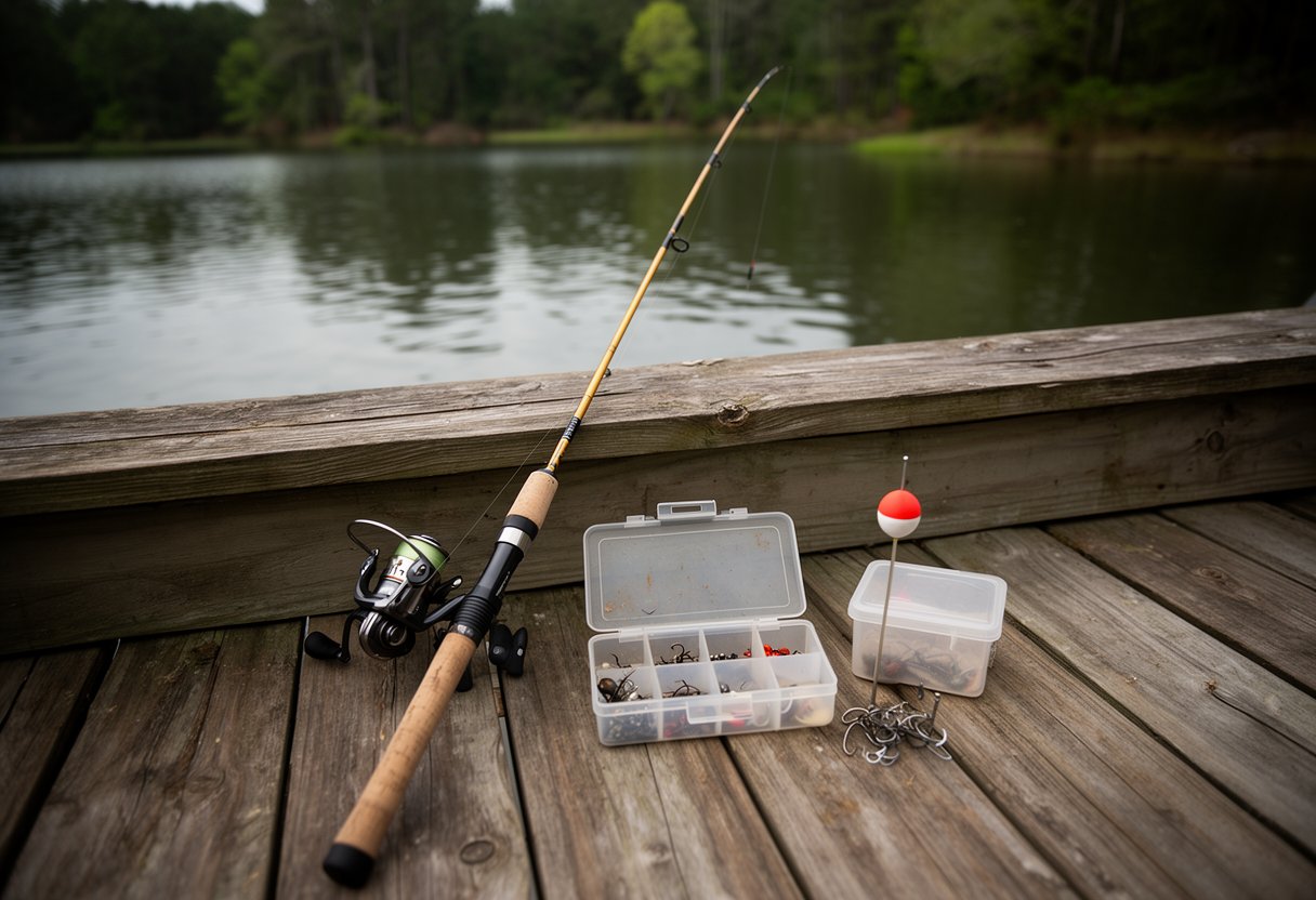 Minimal pond fishing gear setup — spinning rod, small tackle box, and bait container on a dock
