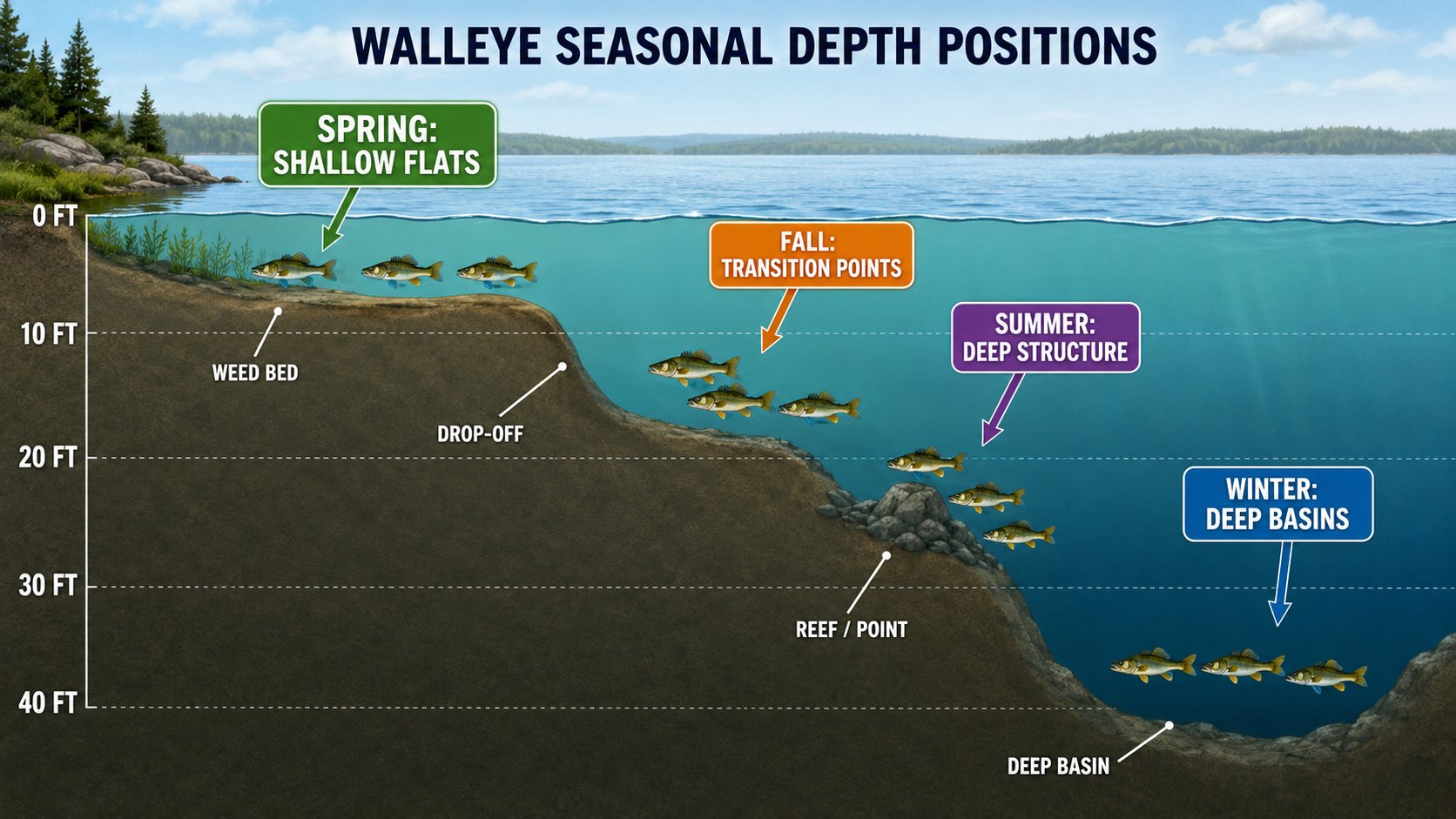 Diagram showing seasonal walleye depth positions: spring shallow, summer deep, fall transitional, winter deep basins