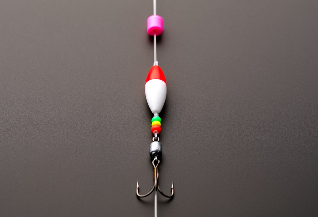 Slip bobber rig assembled on fishing line showing bobber stop bead, oval slip bobber, protective bead, split shot, and hook