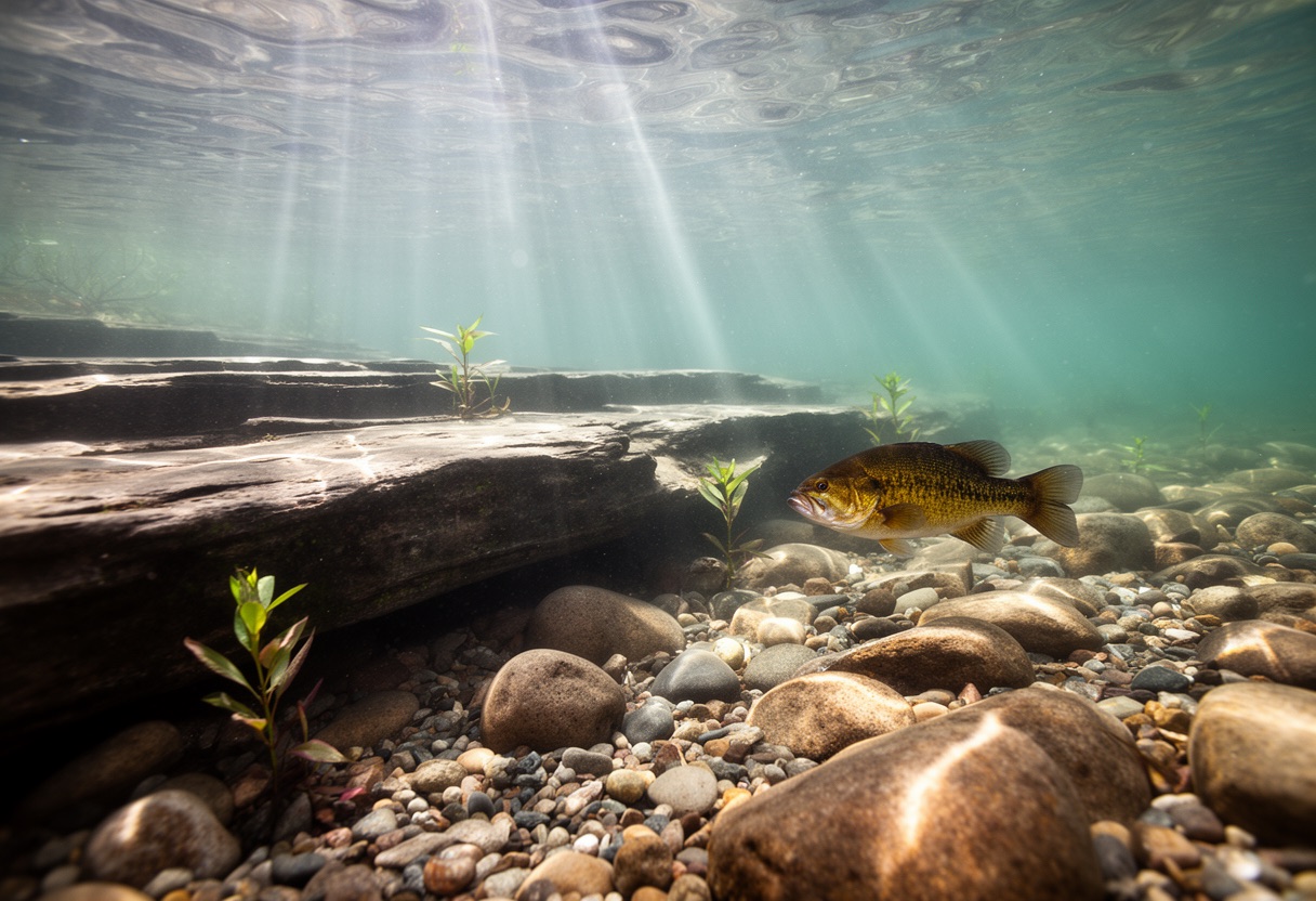 Underwater view of a rocky river bottom with ledges, boulders, and clear water — smallmouth bass habitat.