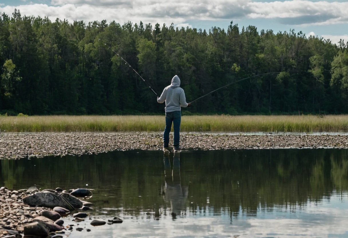 Beginner angler casting a spinning reel from a gravel lake shoreline with trees in the background