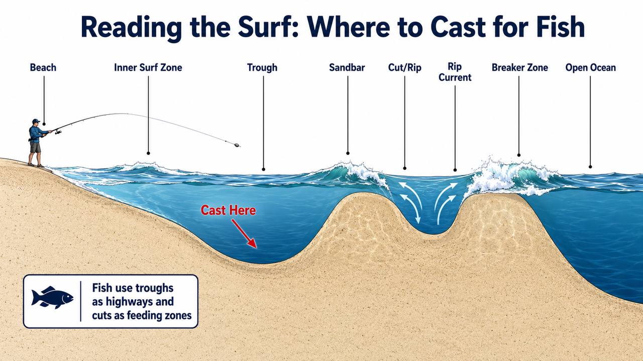 Diagram showing surf fishing zones: troughs, cuts, sandbars, and rip currents with labeled features