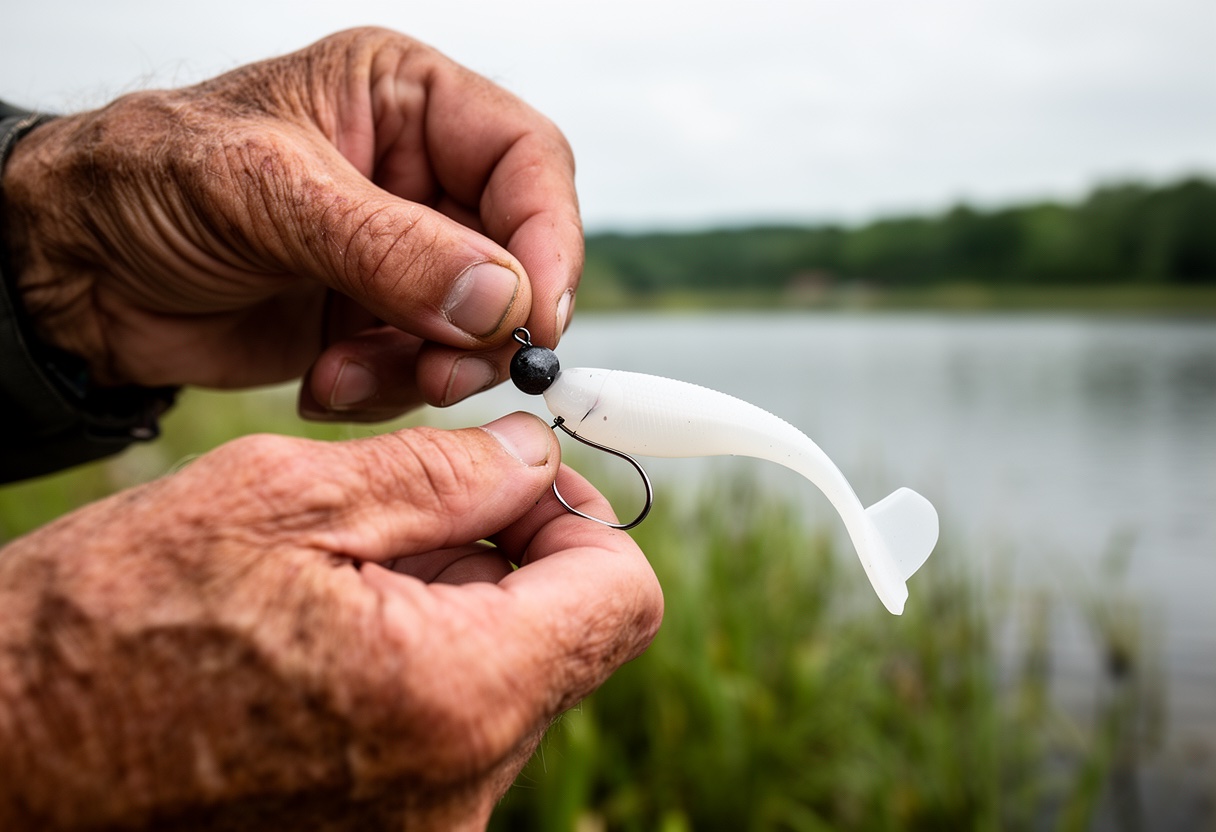 Angler's hands rigging a white paddle tail swimbait onto a jig head
