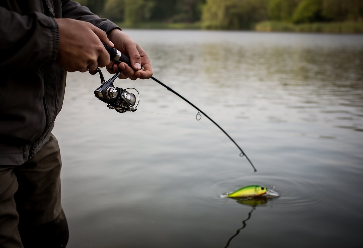 Angler demonstrating topwater retrieve technique with spinning rod, lure visible on water surface