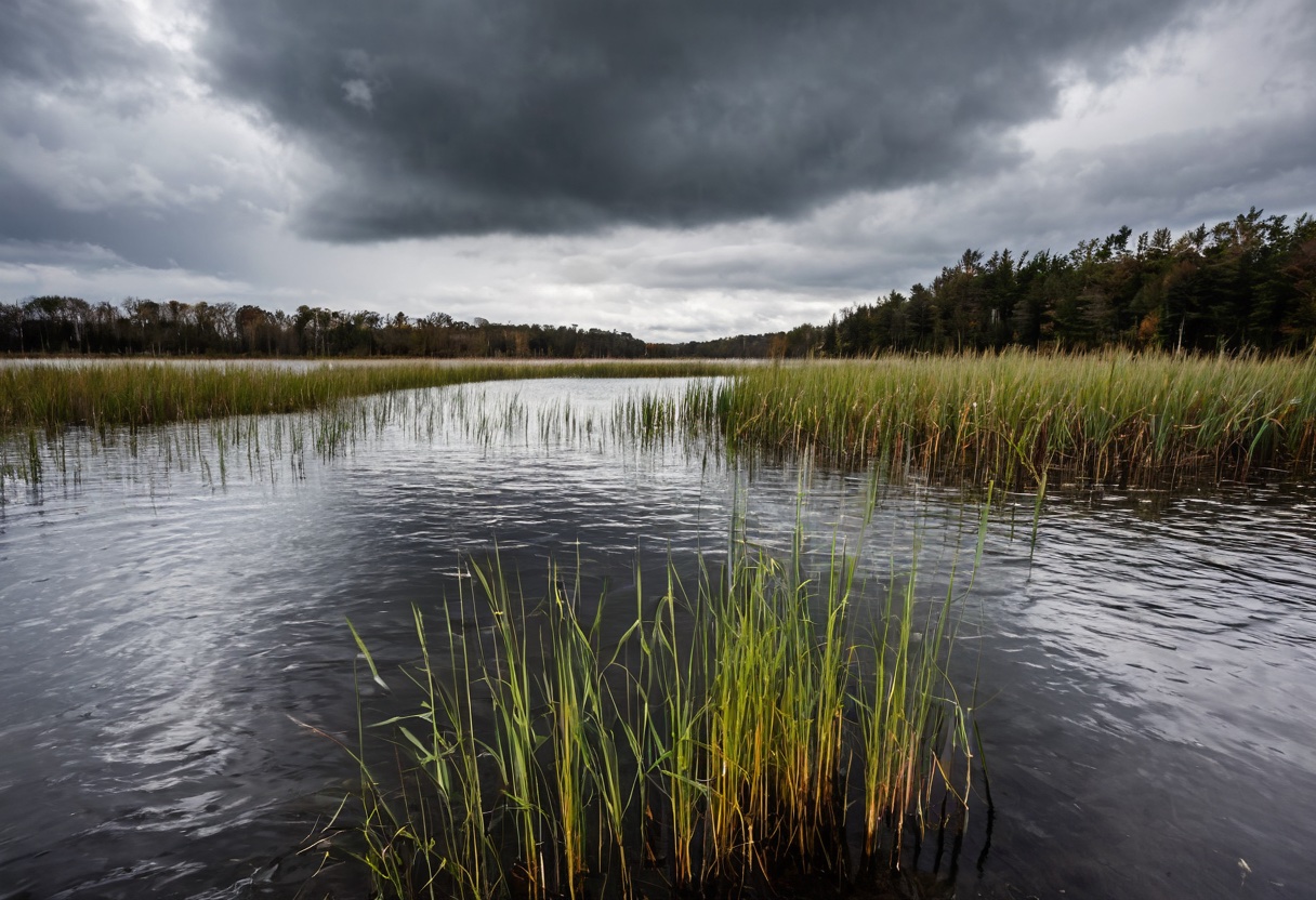 Overcast sky rolling in over a freshwater lake — classic falling pressure conditions