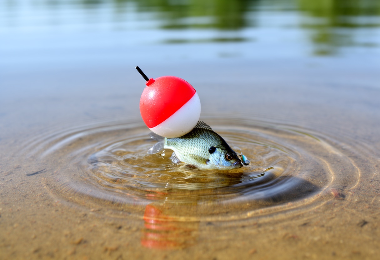 A red-and-white bobber partially submerged on calm pond water as a bluegill takes the bait underneath