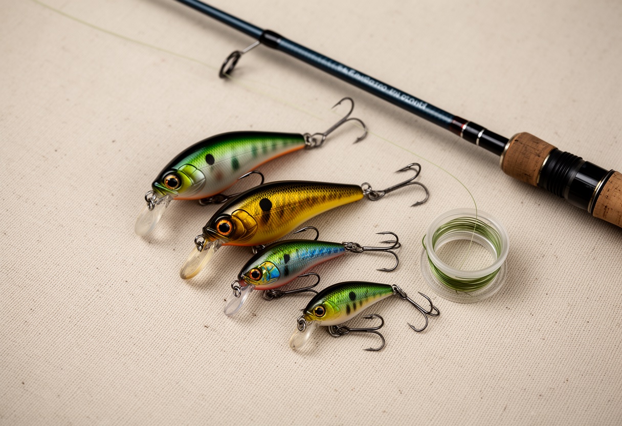 Starter set of three crankbaits with monofilament line arranged on a neutral surface