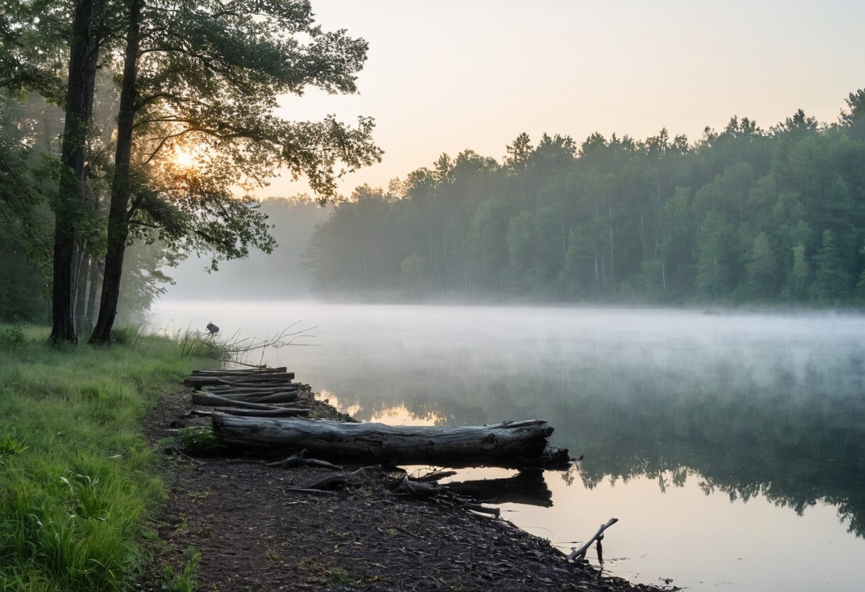 Misty lake scene at dawn, angler preparing fishing gear on the bank