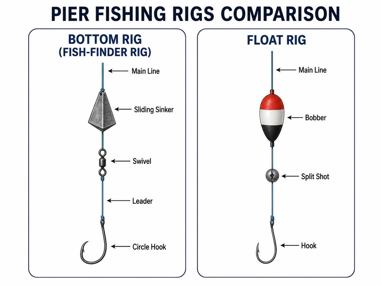 Reference chart of fish species available at piers and jetties with their preferred location and best bait