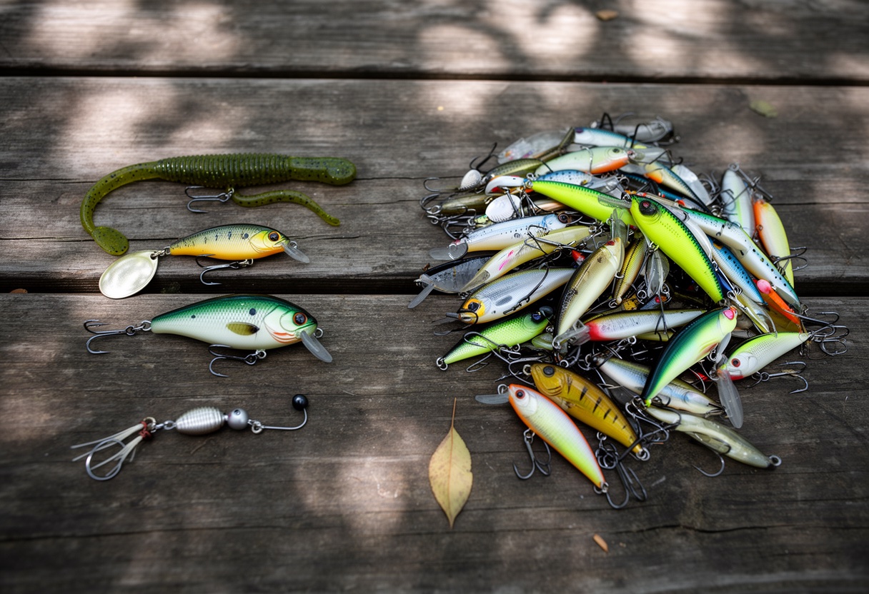 Three versatile lures displayed neatly vs a cluttered cheap tackle pack