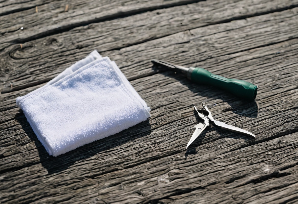 Fishing hook removal tools including wire cutters, pliers, and hemostats arranged on a clean towel