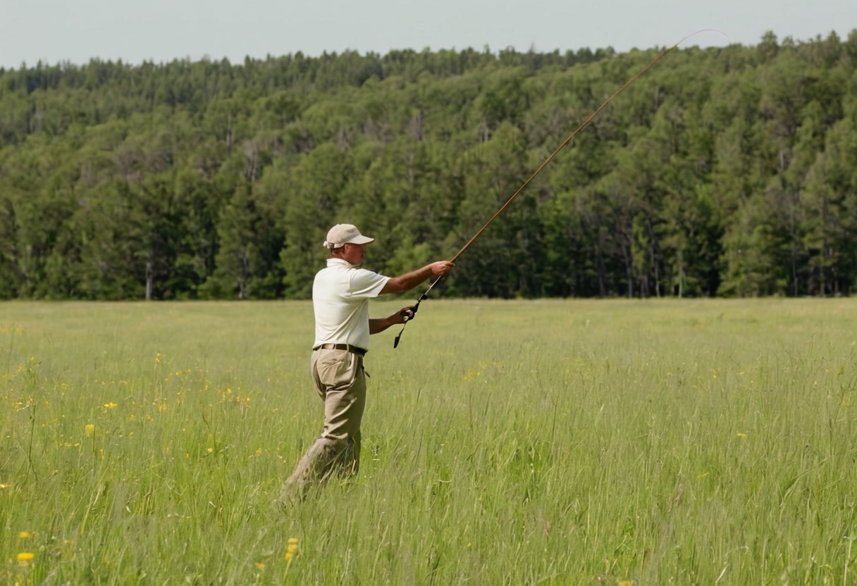 Beginner fly fisherman practicing overhead cast in an open grassy field