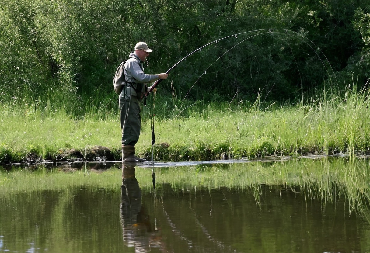 Angler demonstrating proper pump-and-reel stance with rod at 45-degree angle