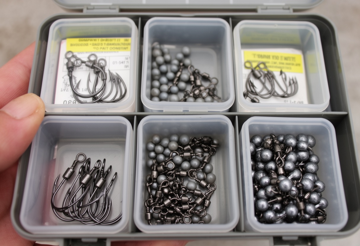 Terminal tackle organized in small containers within a tackle tray — hooks, split shot weights, and swivels