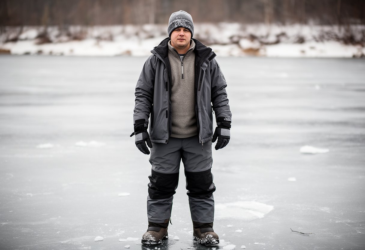 Person dressed in proper layered ice fishing clothing including insulated boots, waterproof outer shell, hat, and gloves on a frozen lake
