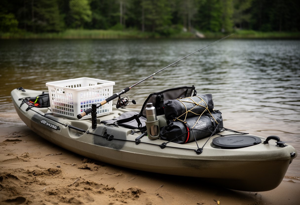 Beginner fishing kayak organized with tackle crate, rod holder, and dry bags