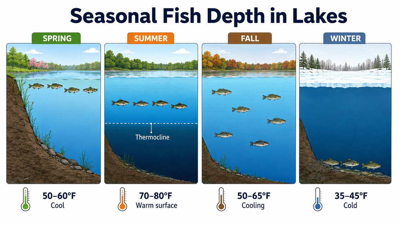 Seasonal chart showing fish depth patterns in lakes throughout the year, including thermocline position in summer