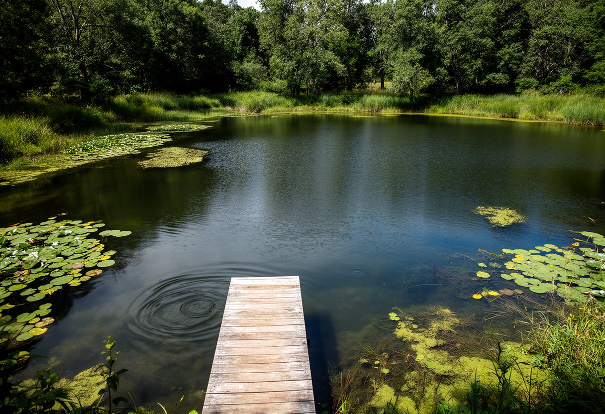 A pond with docks, aquatic vegetation, and shoreline structure where fish tend to hold
