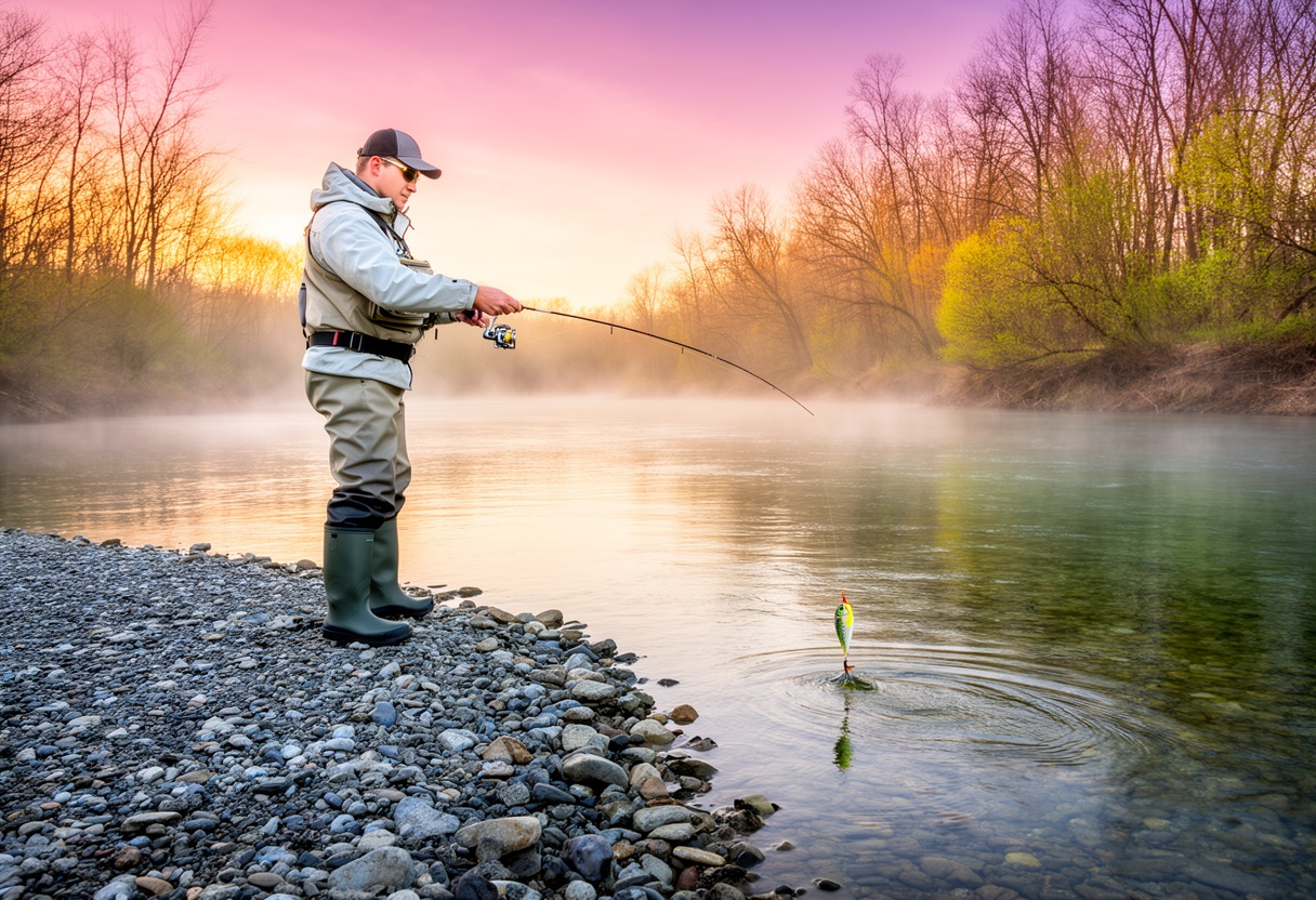 Angler fishing a rocky point in early spring with misty morning light — smallmouth spawning season.