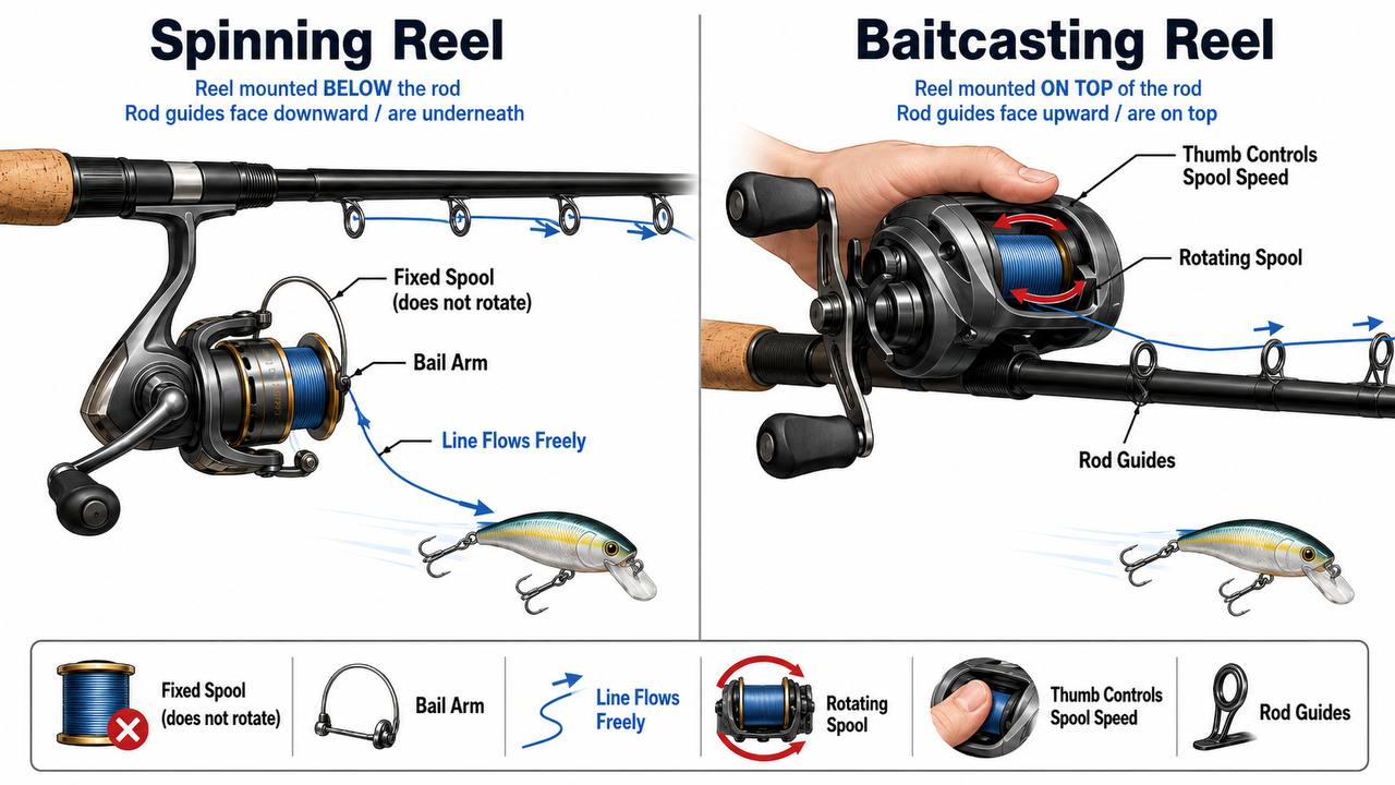 Diagram comparing spinning reel fixed spool mechanism with baitcasting reel rotating spool mechanism