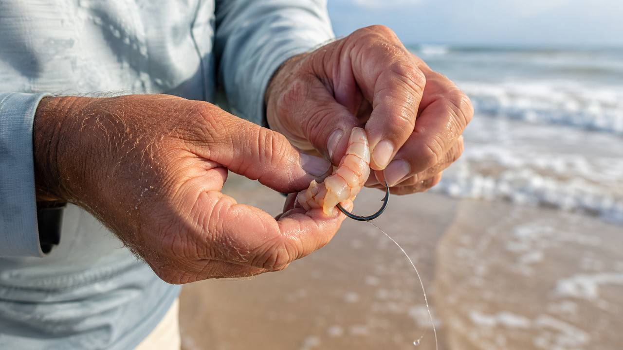 Close-up of an angler's hands baiting a circle hook with fresh shrimp at the water's edge