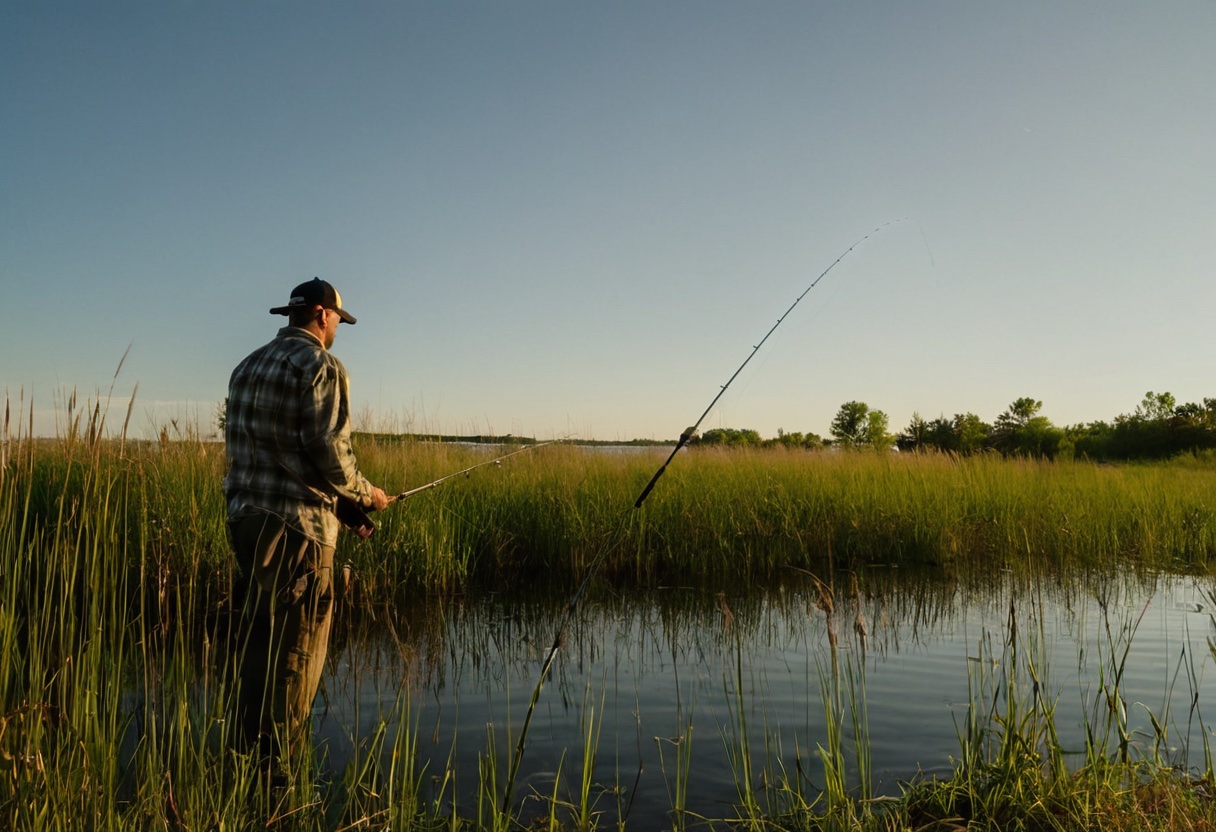 Angler reeling in a swimbait during golden hour on a calm lake