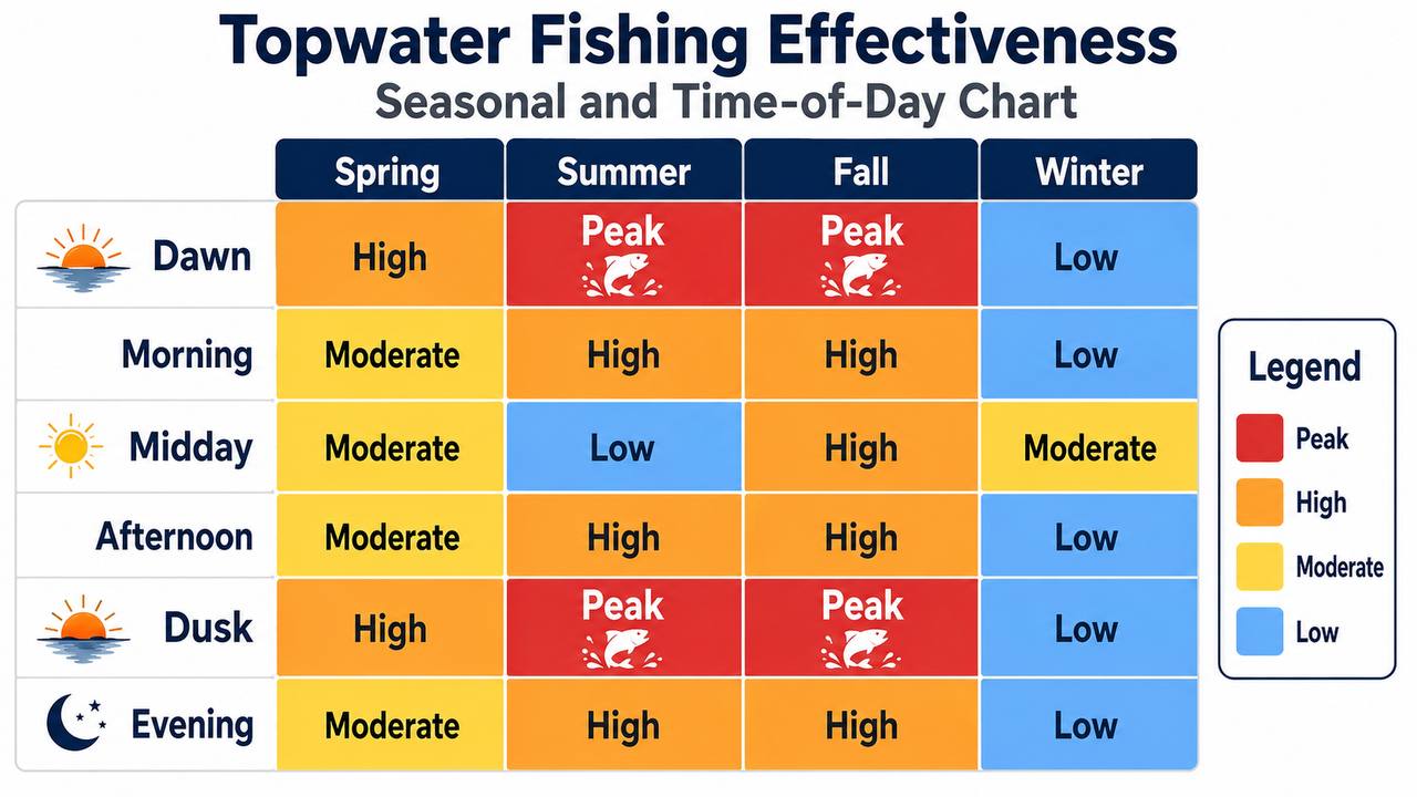 Seasonal and daily effectiveness chart for topwater fishing showing peak strike windows