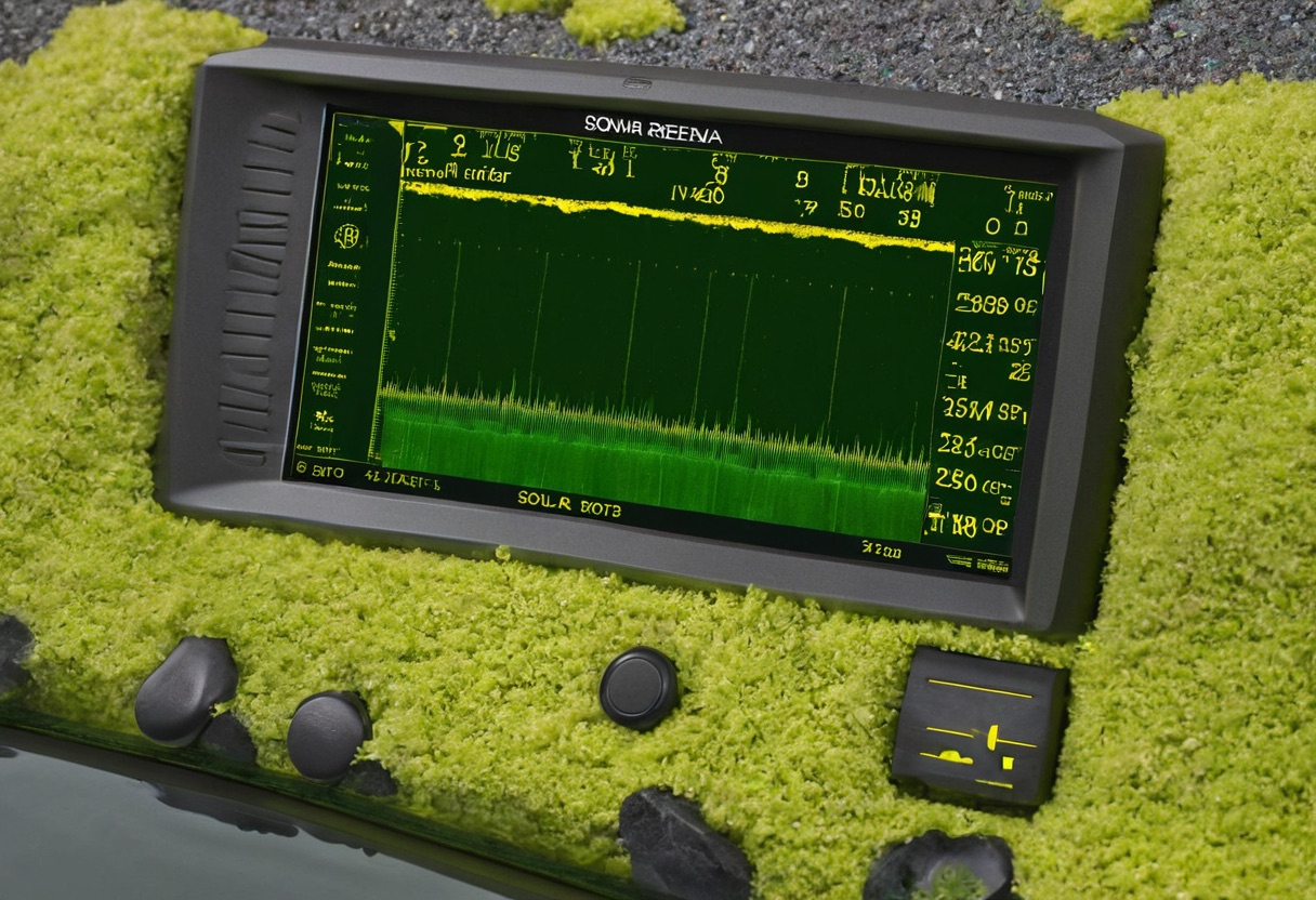 Fish finder screen showing walleye school as tight returns below the lake bottom at 28 feet