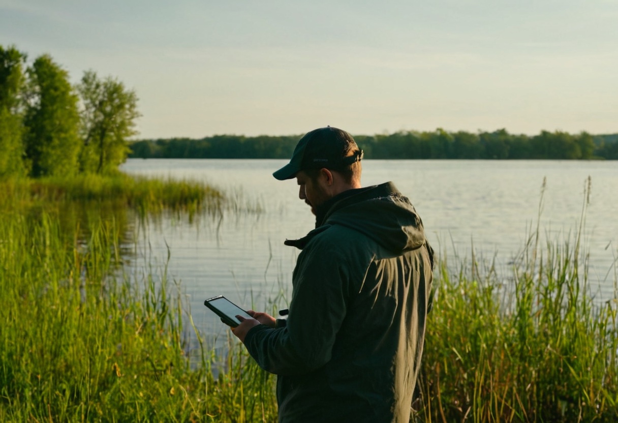 Angler checking a weather app showing barometric pressure reading on smartphone at the water's edge