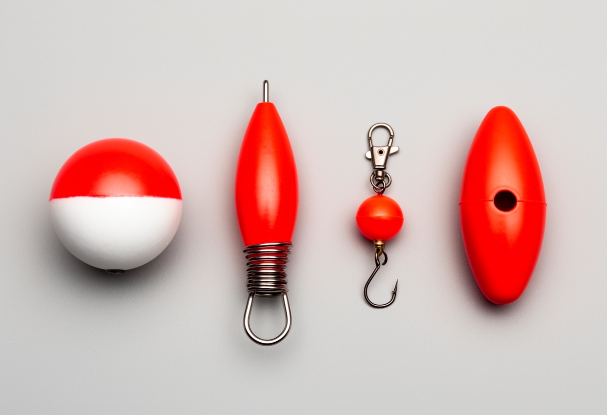 Four types of fishing bobbers arranged side by side: round Carolina bobber, spring bobber, clip-on bobber, and oval slip bobber
