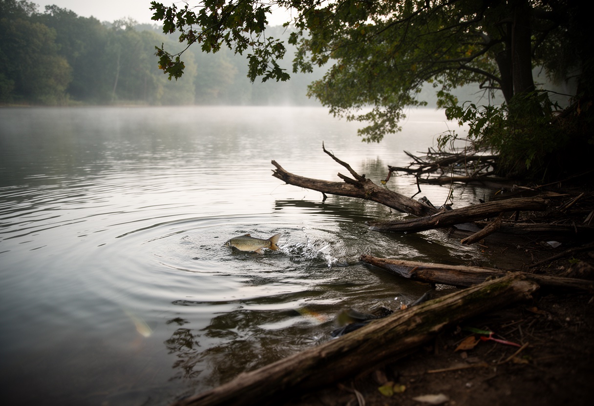 Lake bank showing subtle surface disturbance from fish feeding near submerged logs