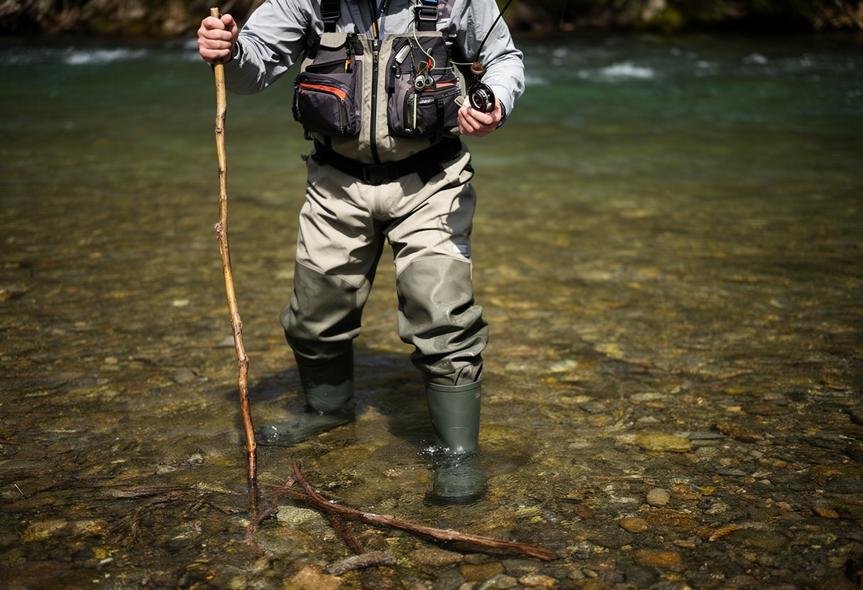 Angler wading in a river with a wading staff, positioned at an upstream angle for safety