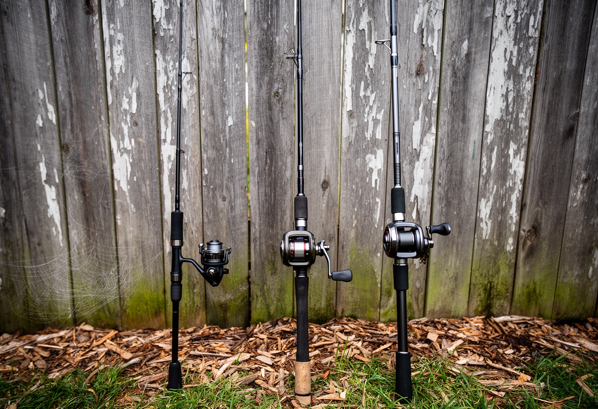 Three fishing setups showing the progression from budget to premium