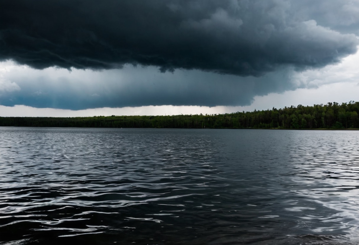 Dark storm clouds building over a freshwater lake with choppy water