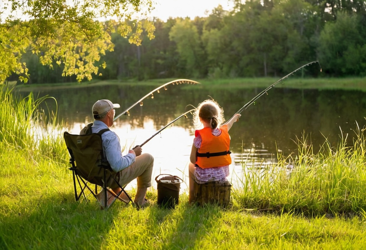 Father and daughter sitting on a grassy bank fishing together, father pointing at water while daughter holds her rod