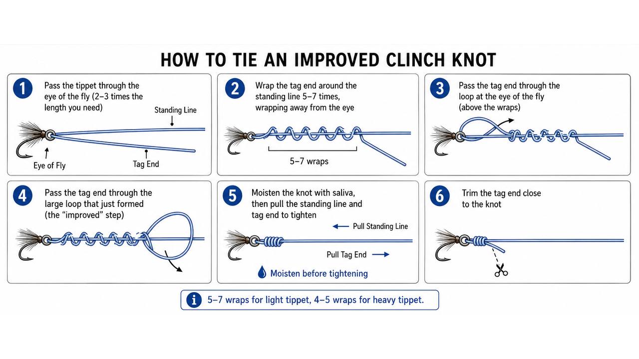 Step-by-step diagram showing how to tie an improved clinch knot for fly fishing